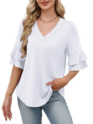 Image of OFEEFAN Spring Tops for Women Boho Shirts Fashion Clothing Cute 3 /4 Length Sleeve Blouses Dressy Casual Summer Outfits