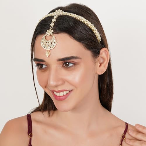 Image of Kundan Design Hairband With Attached Mang Tika Gold-Plated Celebrity Wedding Party Headband Hair Accessories Hairband Mathapatti Jewellery for Women and Girls