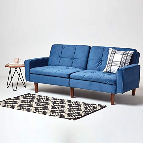 HOMESCAPES Velvet Sofa Bed Navy Blue 3 Seater Sofa with Armrests Click