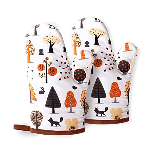 Image of Wolpin Oven Gloves 100% Cotton Padded Snow Forest, Thick Anti-Slip Heat Resistant Gloves (Pack of 2, Off-White)