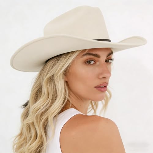 Image of DRESHOW Cowboy Hat for Women and Men Classic Felt Western Hat for Cowboys Cowgirls Wide Brim Belt Buckle Retro Fedora Hats