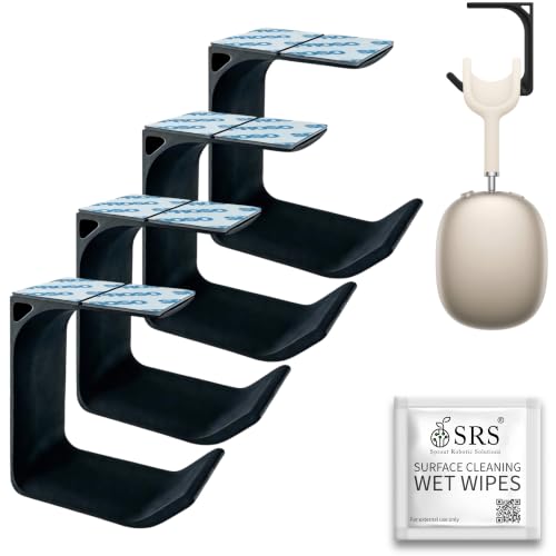 Image of SPROSO Headphone Stand Holder | Under Desk Hook & Cable Organizer | Stick-On Adhesive | Superior-Grade ABS | Includes Surface Cleaning Wipes for Easy Setup & Organization (Black, Pack of 4)