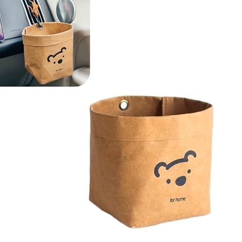 Qurbuns Car Storage Bag, 3.94" x 5.12" Washable Reusable Cute Bear Kraft Paper Car Organizer, Foldable Air Vent Mounted Trash Can, Back Seat Hanging Storage Box for Sunglasses Phone Card Key (Brown)