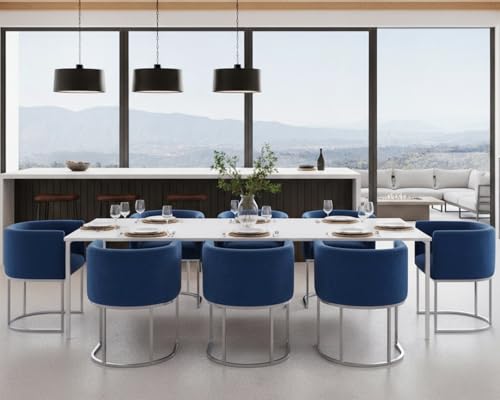 Image of HNY Mid Century Modern Upholstered Barrel Dining Chairs with Arms Set of 8, Velvet Kitchen & Dining Room Chairs, 18.5 inch Wide Accent Chairs for Dining Room Living Room with Chrome Metal Frame, Blue