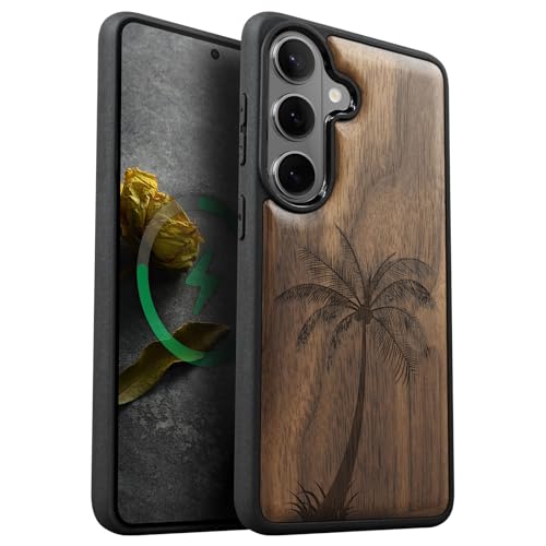Carveit Magnetic Wooden Case for Samsung Galaxy S26 Case 2026, TPU Shockproof Cover & Wood Artisan Engraved, Compatible with MagSafe Wireless Chargers (Serene Palm Tree) Walnut