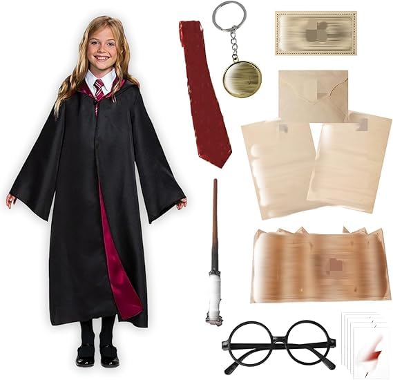 Amazluck Magic Robe Zauberer-Kostüm für Kinder Umhang Cosplay mit Zauberumhang Rote Krawatte Zauberhut Zauberstab Brillengestell für Halloween Karneval Verkleidung Party Fancy Dress