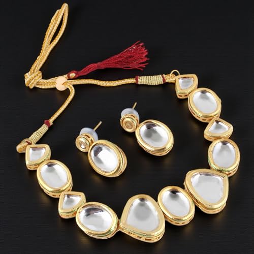 Image of Lucky Jewellery Back Meenakari 18k Gold Plated White Color Triangular Shape Earring Combo Jewellery Set Uncut Dibbi Kundan Choker Necklace for Girl's & Women