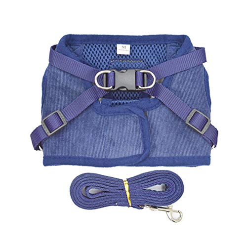 HJTL Adjustable Small Dog Harness And Leash Set Soft Corduroy Mesh Harness Vest Puppy Cat Collar Pet Training,Deep Blue,S Chest 36cm