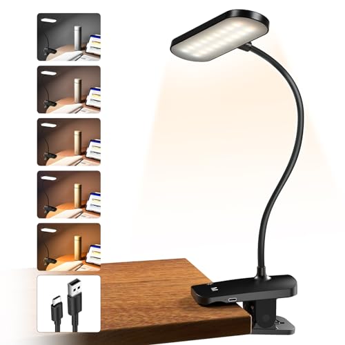 Image of Rechargeable Clip on Light with Clamp | USB Rechargeable, 5 Colors 5 Brightness, Strong Clamp, Portable Cordless, Reading Light