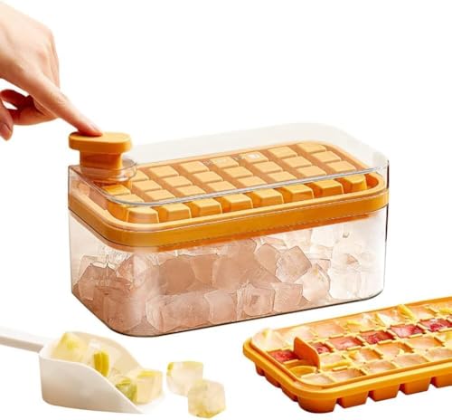 Image of Homecloud 2-Layer Ice Cube Tray with Lid & Bin - BPA-Free Square Ice Cube Molds with Scoop, Easy One-Tap Release, Space-Saving Ice Storage Container, Makes 64 Cubes (Yellow)