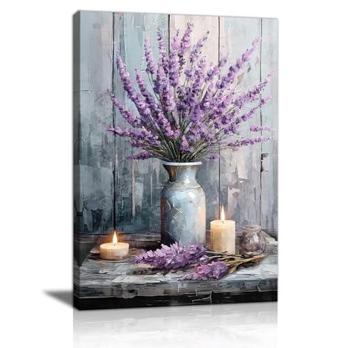 Lavande Violette Dans Un Vase Tableau Décoration Murale Salon, Bougie Rustique Champêtre Poster...