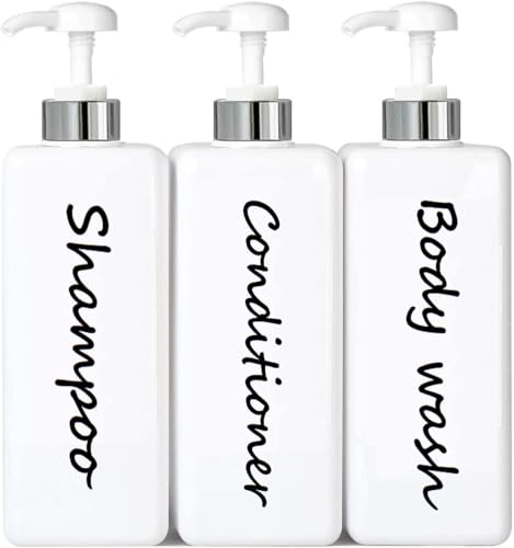 21oz Shampoo and Conditioner Dispenser (Set of 3) Modern Refillable Shampoo Pump Bottles for Shower Soap - Empty Shampoo Conditioner Body Wash Dispenser Set - Stylish Permanent Labels - for Bathroom