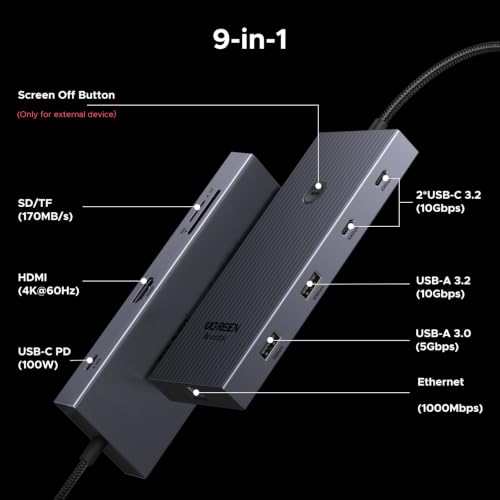 Image of UGREEN Revodok Pro 9 in 1 USB C Hub Gigabit Ethernet Adapter 4K@60Hz HDMI, 100W PD Charging, USB A Data Ports, SD /TF Card Reader Compatible with MacBook Neo /Air /Pro M1, M2, M3,M4, M5,Steam Deck