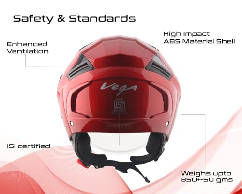 Image of Vega VO-05 Clark ISI Certified Open Face Motorcycle Helmet with High-Impact ABS Shell, Scratch-Resistant Visor, Comfortable Breathable Inner Padding & Secure Strap - Cherry Red - L