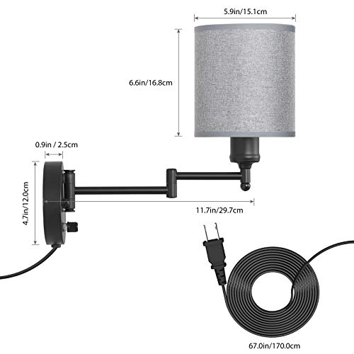 Plug in Wall Light Fixtures, Set of 2 Swing Arm Wall Lamps with Grey Linen Lampshade, Modern Bedside Wall Sconce for Bedroom Hallway Living Room Study - Thumbnail 2