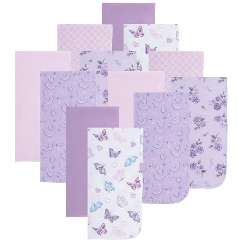Image of EVERYDAY KIDS 12 Pack Burp Cloths for Baby Girl; Newborn Essential with - Large Absorbent Cotton Flannel Purple/Pink Burping Cloths for Babies with Butterfly, Floral and Rainbow Prints and Solids