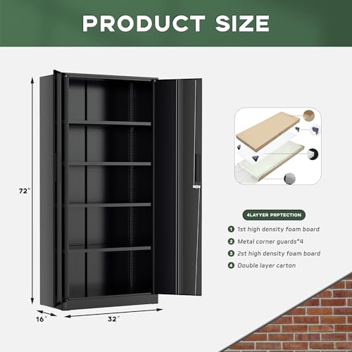 Image of Greenvelly Metal Storage Cabinet, 72 inch Black Metal Locking Storage Cabinet with Doors and 4 Adjustable Shelves, Large Steel Cabinet for Home Office, Garage, Shop, School (32 inch W x 16 inch D)