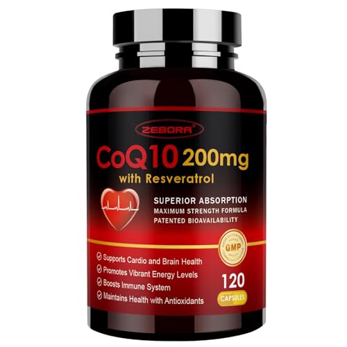 ZEBORA CoQ10 200mg with Resveratrol, PQQ, Vitamin E - High Absorption Coenzyme Q10 Supplement for Heart Health and Cellular Energy, 120 Veggie Capsules