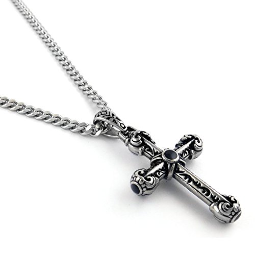 Yeidid International Men's Stainless Steel Rope Chain Necklace Black Agate Cross Pendant