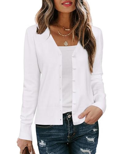 Arach&Cloz Strickjacke Damen V Ausschnitt Leichte Cardigan Weiß Langarm Solid Top Shrugs mit Knopf(White,S)