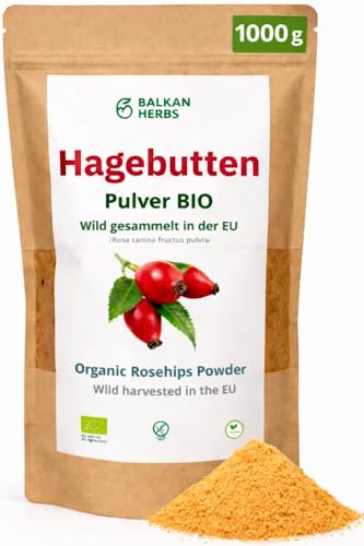 BIO Hagebuttenpulver 1000g., Wildsammlung aus EU, fein gemahlene (400 Mikron) Schalen & Samen (Rosa canina), Naturrein & ohne Zusätze, Ideal für Smoothies, Backwaren - Kuchen, Brot, von Balkan Herbs