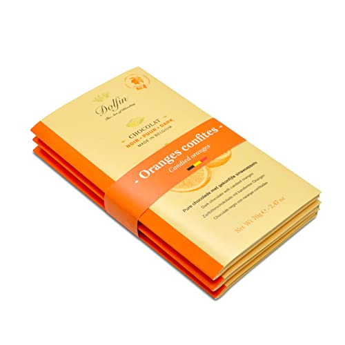 Dolfin Chocolate (Paquete de 3) Negro con Naranja Confitada - Barra de Chocolate Belga Artesanal - Sabores Picantes - Confitería de Primera Calidad, Regalos Caramelos Gourmet - Hecho en Bélgica, 210g