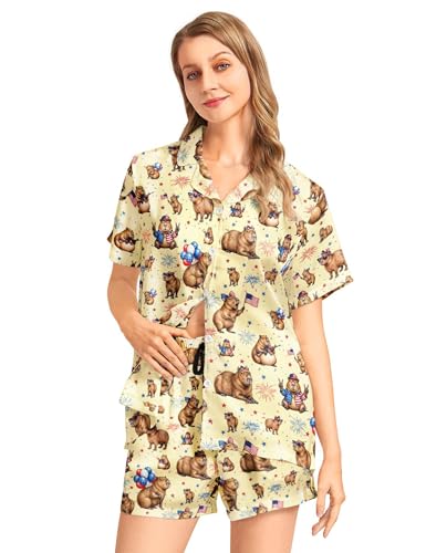 Image of Women's Pajama Sets Funny Pajamas for Women Set Comfortable 2 Piece Button Down Tops & Shorts Sleepwear Short Sleeve