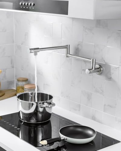 Image of Aquieen Wall Mounted Pot Filler Kitchen Faucet | Premium Brass Construction | Dual Valve Double Joint Swing Arm | 360 Rotating Folding Tap | Leak-Proof Ceramic Cartridge | Brushed Silver