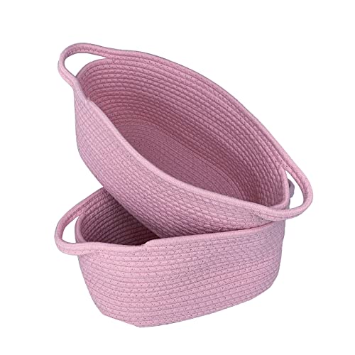Storage Basket Set Of 2, Natural Cotton Rope Woven Baskets With Handles For Organizing,13.8"X8.7"X6.7" Woven Basket For Books, Magazines, Toys Decorative Basket For Baby Nursery, Living Room, Bathroom Pink #TOP26
