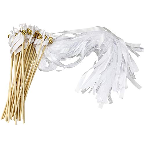 Cieovo 30 Pack Ribbon Wands Wedding Fairy Wands Party Sticks Streamers with Bells, Fairy Stick Wand Party Favors for Kids Birthday Baby Shower Holiday Celebration Valentines Party, White Lace