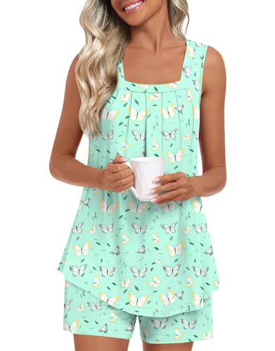 Image of LONGYUAN Womens Sleeveless Pajama Set Soft Summer Lounge Shorts Tank Top Sleepwear with Pockets 2 Piece Set M-3XL