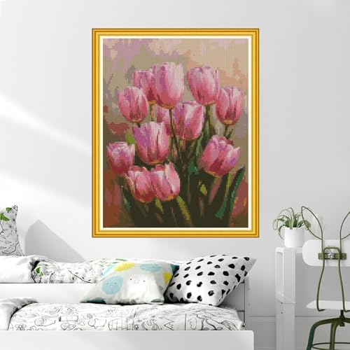 Image of MYBISYMQQ Pink Tulips Cross Stitch Kits for Adults Beginners - 11CT Stamped Vintage Floral Embroidery Kit, DIY Pre-Printed Needlepoint Patterns for Home Wall Art Decor, 15.7x11.8 Inches