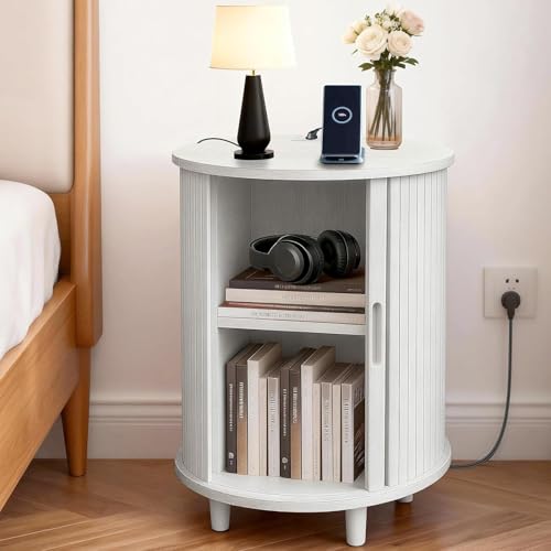 Image of DHH Round End Table with Storage & Charging Station, Fluted Accent Side Table with Sliding Door & Adjustable Shelf, Mid-Century Nightstand for Small Spaces, Living Room, Bedroom(Grayish White)