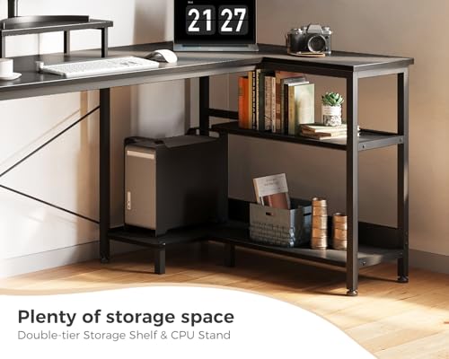ODK 47-Inch L-Shaped Computer Desk with Reversible Shelves for Small Spaces – Modern Black Writing Table for Home Office