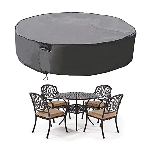 M&H Kraftigt vattentätt stort uteplats-set skydd – utomhusmöbelöverdrag med vadderade handtag och hållbar fållsladd – väderbeständigt, passar stort runt bord med stolar, 274 cm diameter, brungrå
