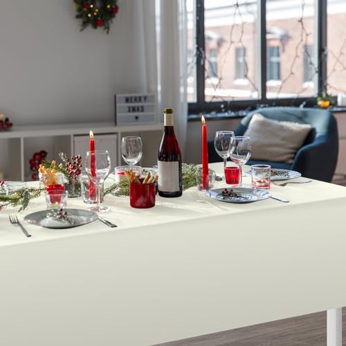 Image of 32 Pack Beige Plastic Tablecloth for Rectangle Tables, Premium Decorative Ivory Disposable Table Cloths for Parties, Rectangle Cream Party Table Cover for Birthday Wedding Baby Shower, 54x108 Inch