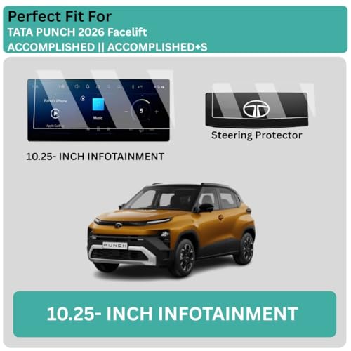 Image of Wisely 2Pcs - Screen Guard for TATA PUNCH (2026) ACCOMPLISHED /ACCOMPLISHED+S 10.25-Inch Display Car Infotainment System Protector + Steering Guard - Stereo Accessories - Touch Responsive - HD Clear