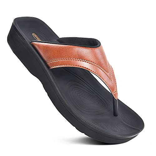 Image of AEROTHOTIC Comfy Arch Support Flip Flops for Women Open Toe Stylish Faux Leather Cushioned Strap with Non-Slip Sole & Comfortable Footbed Indoor and Outdoor Sandals