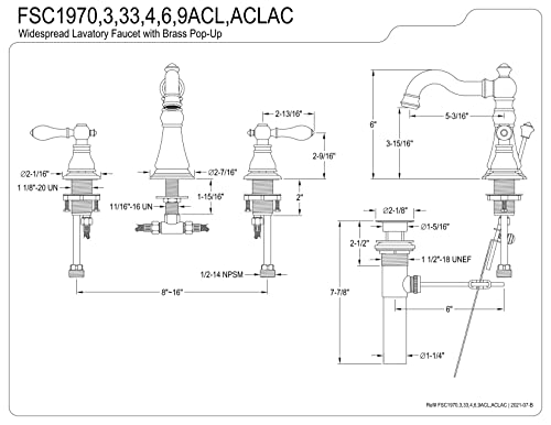 Kingston Brass FSC19733ACL American Classic 8" Widespread Lavatory Faucet with Retail Pop-up, 5-1/8" in Spout Reach, Vintage Brass thumbnail 7