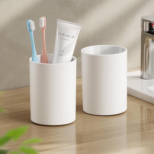 Toothbrush Cup 13.75oz 390ml with Non-Slip Pad Easy to Clean Bathroom Cup 2Pcs Reusable Plastic Bathroom Tumbler White