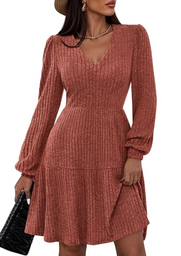 PRETTYGARDEN Womens Sweater Dress 2026 Fall Long Sleeve V Neck A Line Fit and Flare Ribbed Short Dresses Knit Outfits Pockets (Caramel Large)