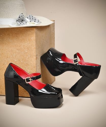 Image of JM LOOKS Retro-Chic High Platform Mary Jane Pumps with Secure Ankle Strap and Bold Chunky Block Heel