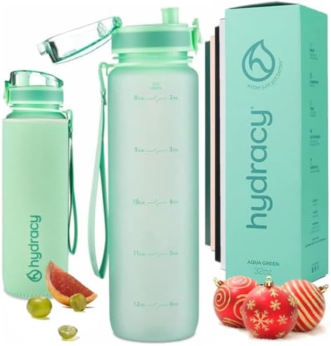 Hydracy Water Bottle with Time Marker - Large 1 Liter 32 Oz BPA Free Water Bottle - Leak Proof & No Sweat Gym Bottle with Fruit Infuser Strainer - Ideal for Fitness or Sports & Outdoors - Aqua Green