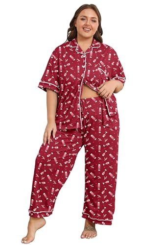 Image of Vozanet Women's Plus Size Pajamas Button Down Shirt and Pants Soft Lounge Sets Bride Nighty Bottom with Pockets 1x to 5x