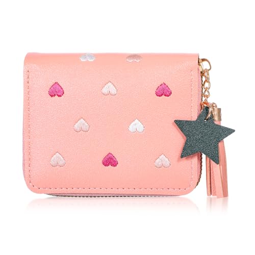 Carteira feminina com zíper, carteira rosa para meninas, carteiras fofas com bordado de coração e pingente de borlas estrelas, pequenas carteiras de couro para moedas, cartão de identificação, cartões