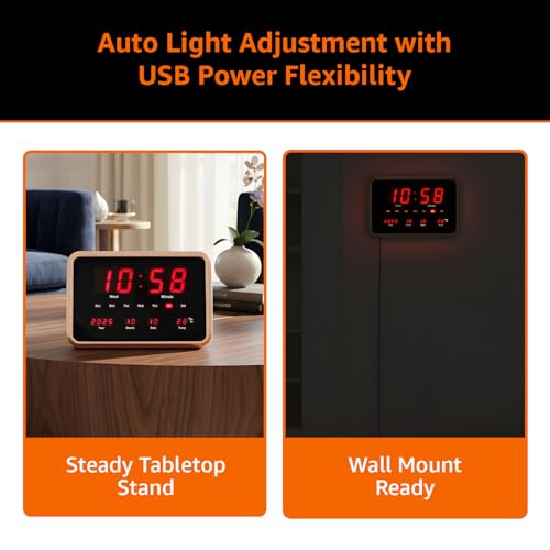 Image of Amazon Basics LED Digital Wall and Table Clock with Auto Brightness, Golden color, HIPS Material,USB Powered, 12 /24 Hour Format, Large Display for Living Room, Bedroom or Office (Size: 38 x 25 x 3.4 cm)