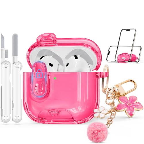 Image of for AirPods 4 Case 2024 with Safety Lock,Hot Pink | Clear Case with Phone Stand & Cleaner Kit,Cute Floral Chain for Women Girls,Soft TPU Protective Cover,Shockproof