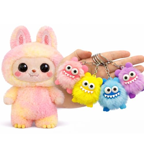 Image of LABUU Random Surprise Cartoon Designer Vinyl Figure with Soft Fluffy Pom Pom - Cute Kawaii Art Toy for Desk Decoration, Handbag Charm & Birthday Gift