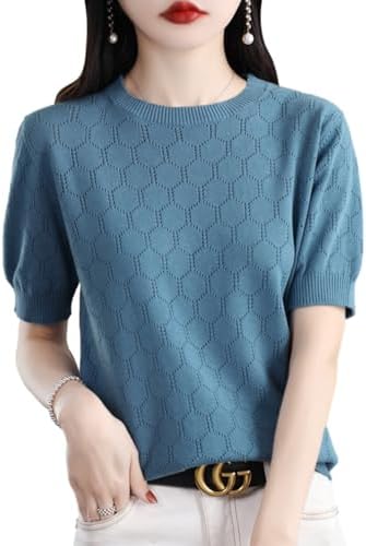 BN 1 Select BN286 Knit Short Sleeve Women's, Machine Washable, Spring, Summer, Autumn, Neat, Openwork Knit, Cotton Top, 7 Colors, M - XL