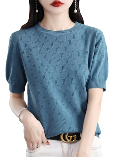 [ビーエヌワン セレクト] ニット 半袖 レディース 春 夏 秋 服 きれいめ セーター 透かし編み コットン トップス 婦人服 30代 40代 50代 青 ブルー BN286 BLU Mの商品画像（Amazon）